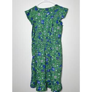 Women’s Green Blue White Floral Fit & Flare Knee Length Dress Ruffle Hem